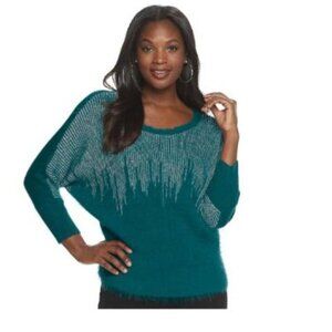 Jennifer Lopez Womens Teal Metallic Scoop Neck Soft Knit Sweater Sz M New